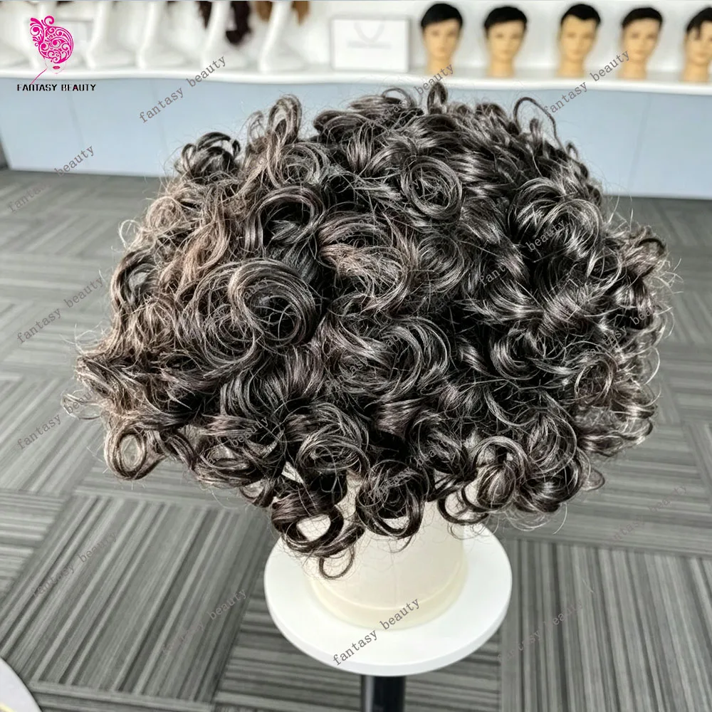 20mm Natural Curly Man's Human Hair Wig 1b40 Brown Grey Black Men Toupee Undetectable 100% Human Hair Bladness System Prosthesis