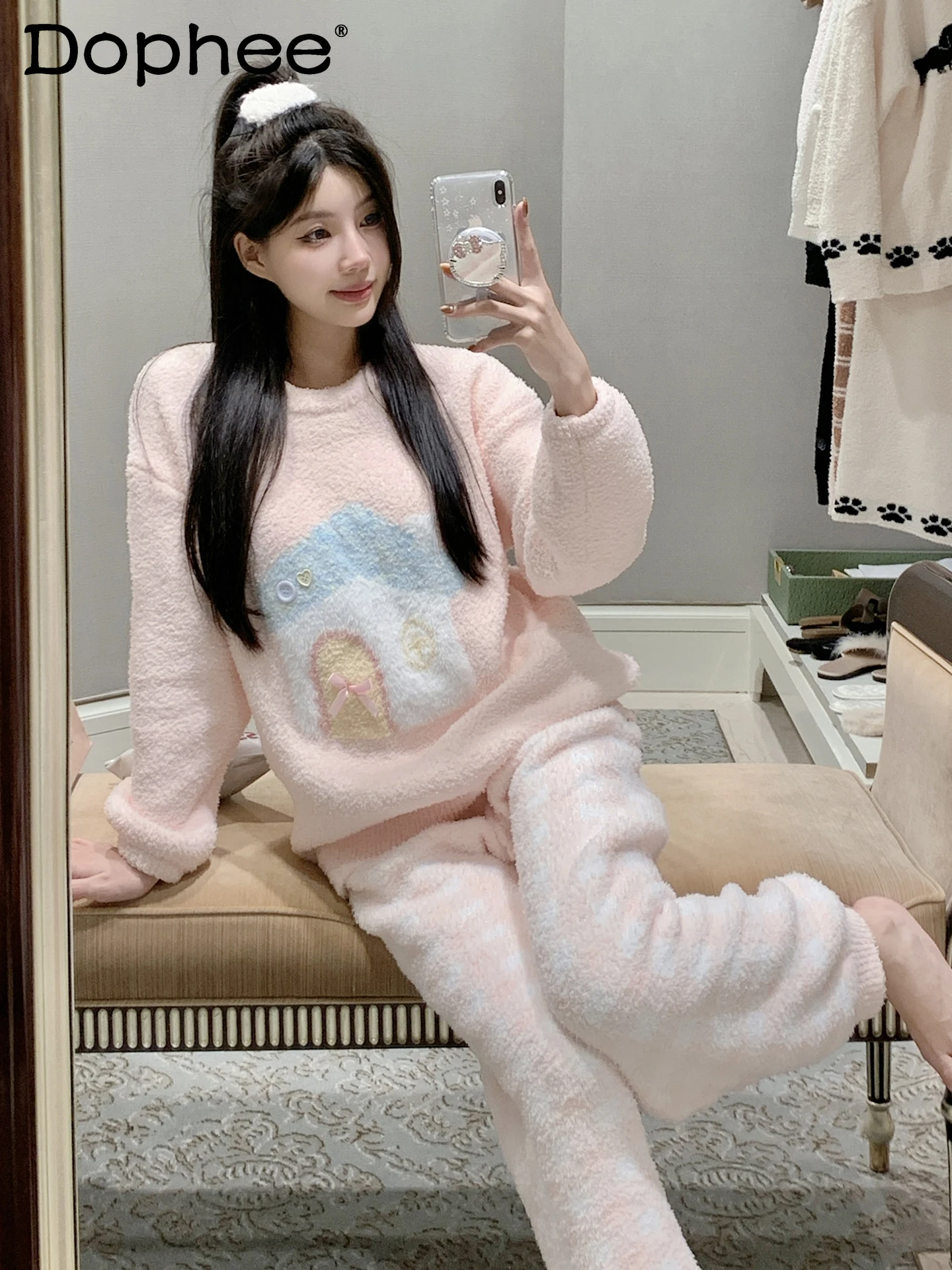 

Новинка 2023 года, мягкие плюшевые пижамы для женщин, осенне-зимний утепленный теплый свободный повседневный комплект домашней одежды из кораллового флиса для милых девочек