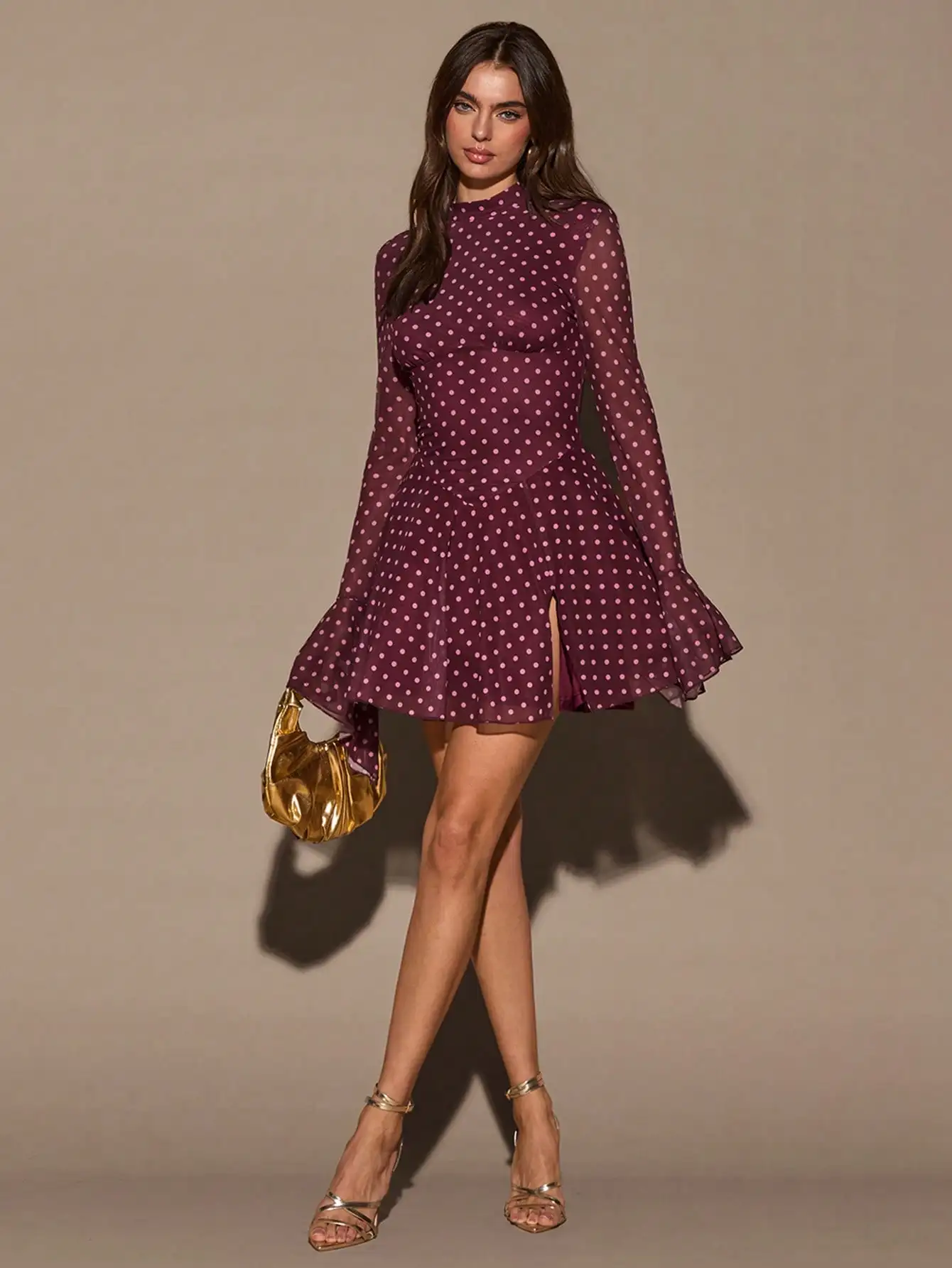 

Burgundy Polka Dot Mini Dress with Stand Collar, Flare Sleeves & Side Slit