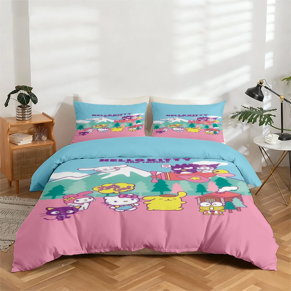 Juego de Ropa de Cama de 3 Piezas con Estampado Digital de Alta Definición, Juego de Funda de Edredón con Diseños de Hello Kitty y sus Amigos, Juego de Funda de Edredón con Estampado Floral Grande, Incluye 1 Funda de Edredón + 2 Fundas de Almohada, Apto para Dormitorio, Habitación de Invitados, Decoración del Hogar, Funda de Edredón + Funda de Almohada de Fibra de Poliéster, Ropa de Cama Ultrasuave, Tela Gruesa, Apto para Todas las Estaciones, Lavable a Máquina