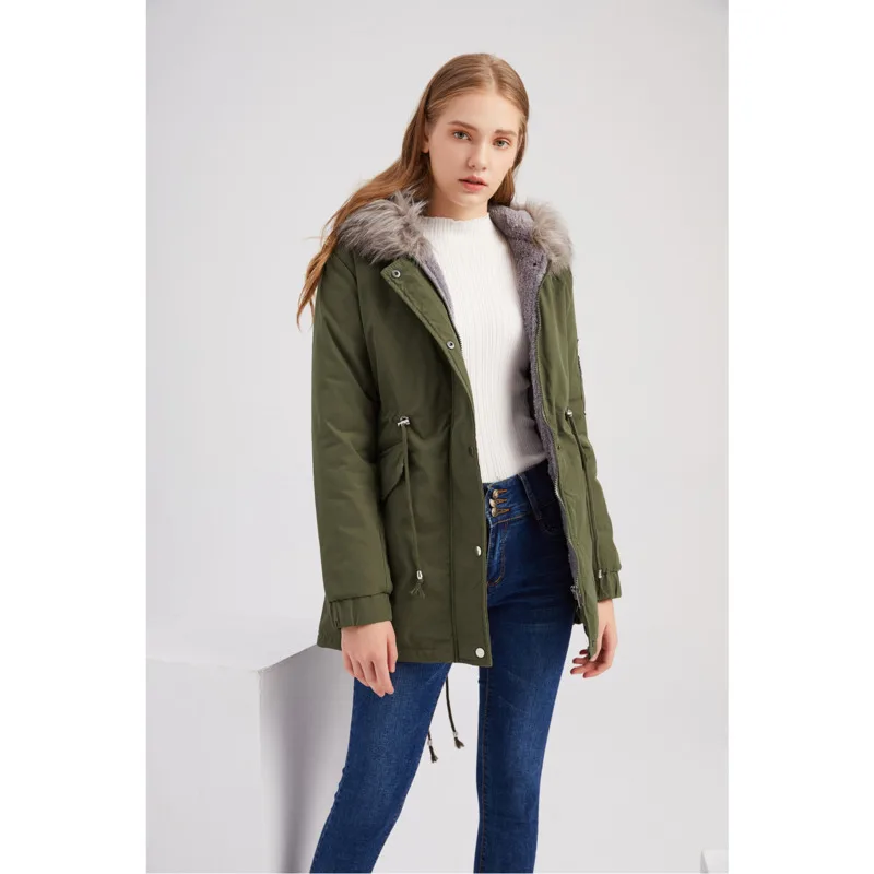 Stylish Winter Warm Plush Coat Casual Plush-Collar Hooded Coat Y2K Retro Women's Zip-Up Jacket Mid-Length Padded Cotton Jacket