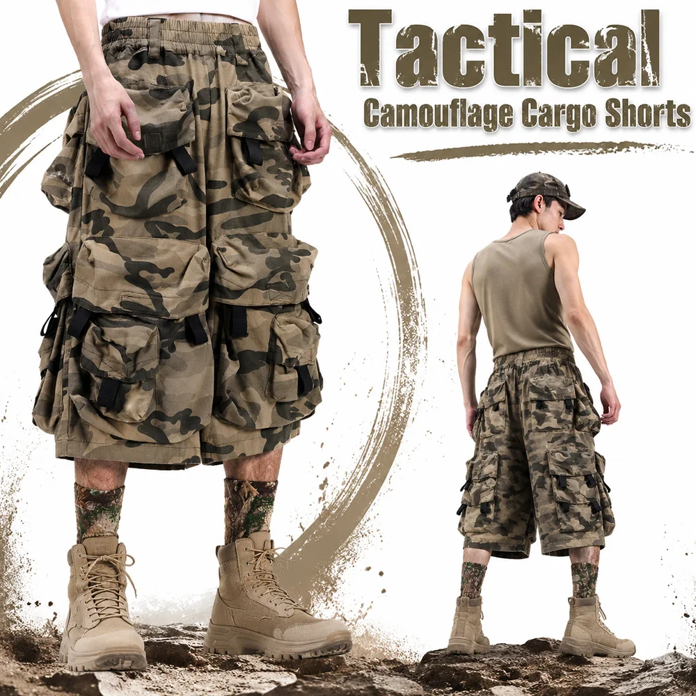 Men's Tactical Camouflage Cargo Shorts Multi-Pocket Oversized Cropped Shorts Daily Casual Streetwear for Outdoor Hiking Work