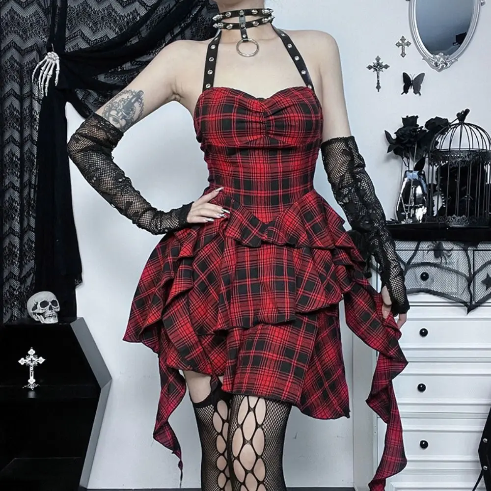 

Hanging Neck Harajuku Y2K Sexy Dress Aesthetic Design Y2K Plaid Corset Dress Checkered Irregular Gothic Punk Plaid Dress Lady