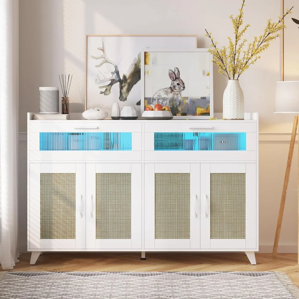 

Rattan Sideboard Buffet Cabinet with Charging Station & RGB Lights, Modern Farmhouse Storage Cabinet, Buffet Table