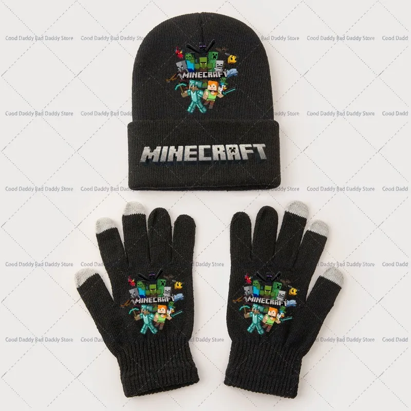 Kids Boy Girl Anime Cute Knitted Hat Gloves Set 2PCS Miner Crafted Cartoon Knit Cap Glove Winter Children Warm Accessories Gifts
