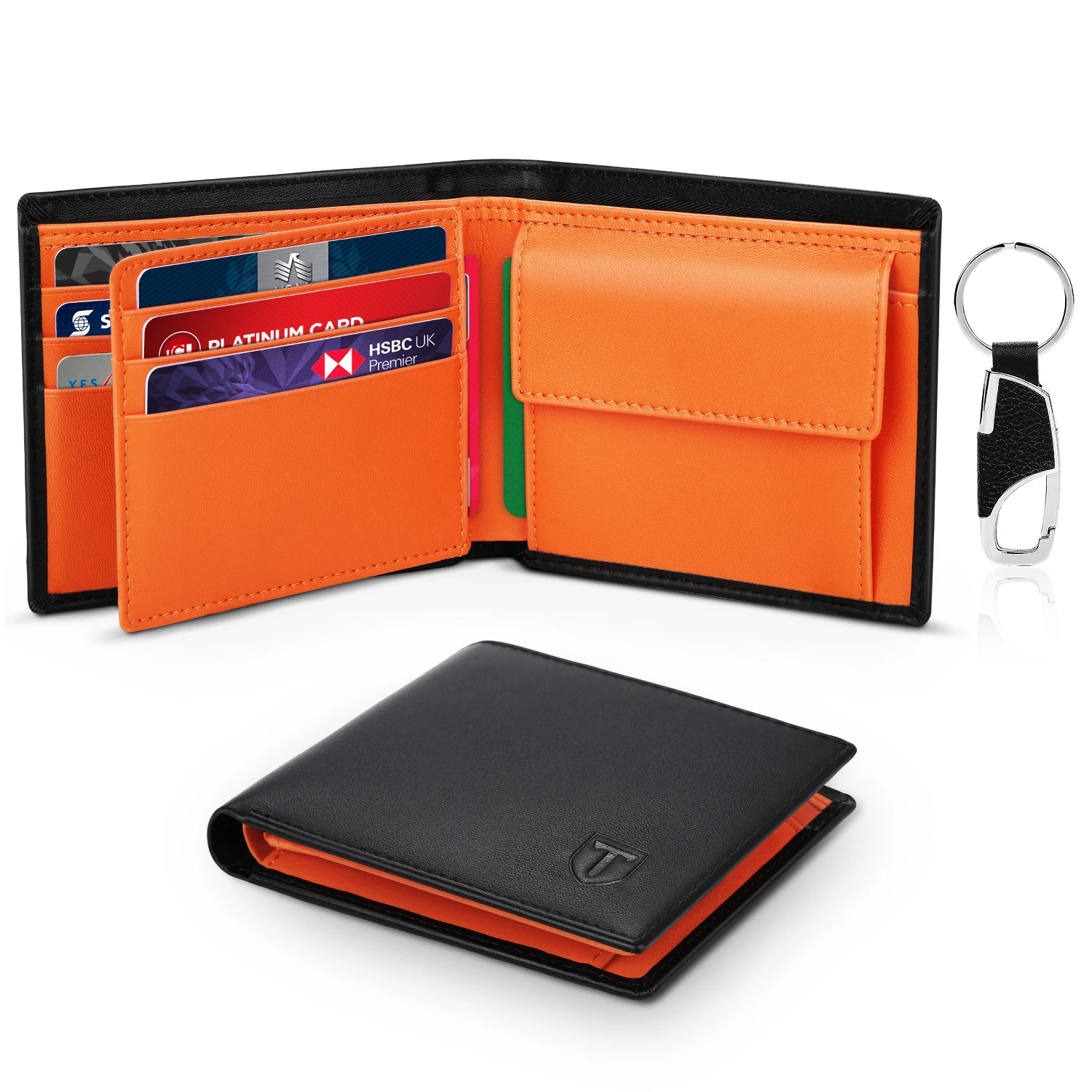 Men's Genuine Leather Trifold Wallet with RFID Protection, Soft Quality, Coin Card Holder, and Black Finish.