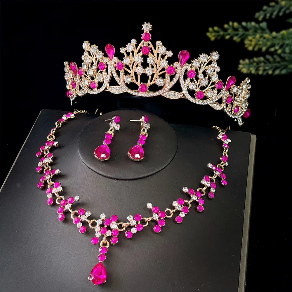 Bridal Crown Three Piece Set Wedding Crown Headwear Necklace Earpins Wedding Dress Accessories