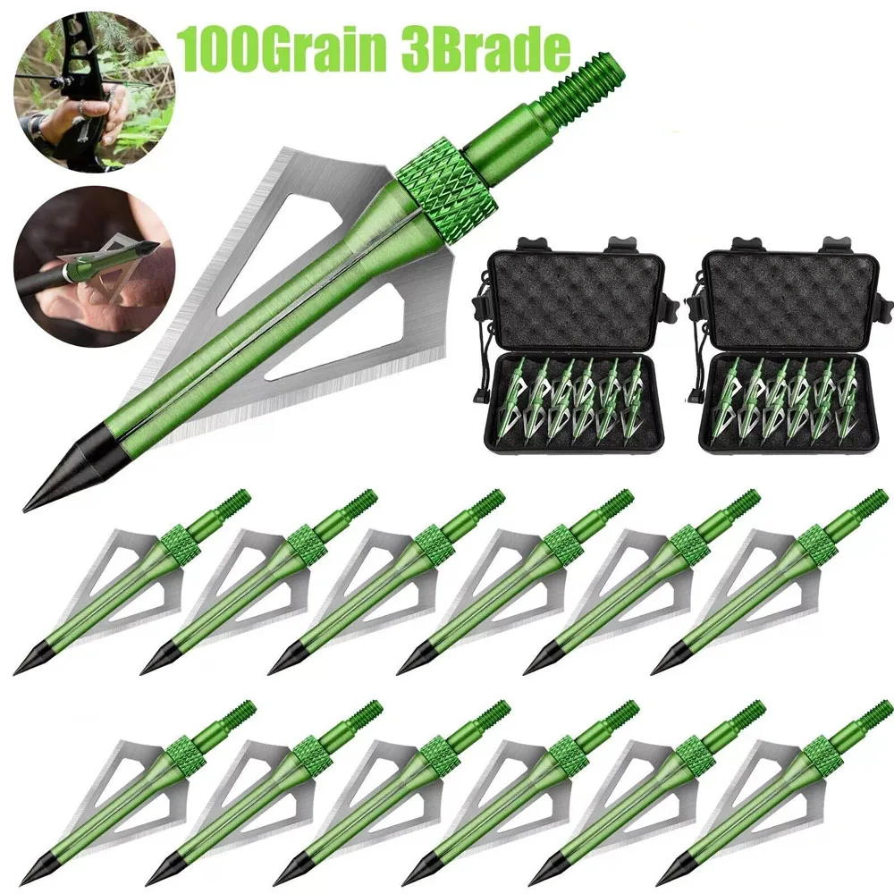 6/12/24 Uds 100 puntas de caza de grano puntas de flecha puntas con caja para ballesta para arco recurvo compuesto flechas tiro con arco
