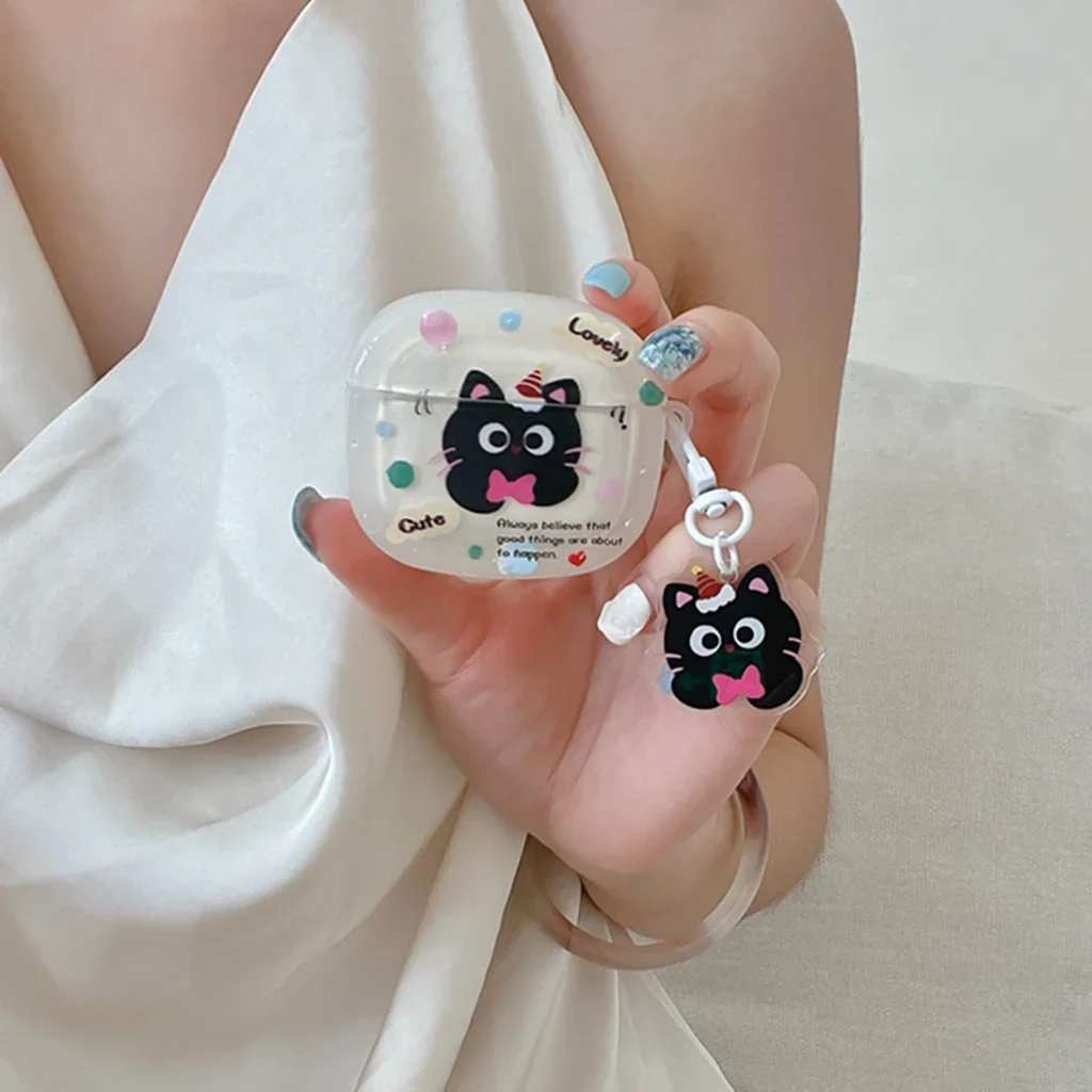 Transparent Color Wave Point Cute Bowknot Black Cat Pendant Cover Case For AirPods 1 or 2 3 Pro 2