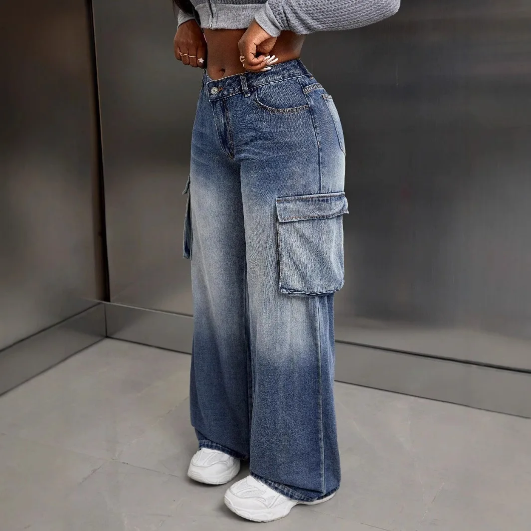 Cargo Jeans Women's Wide Leg Multi Pocket Faded Wash Utility Denim Pants Streetwear Trousers