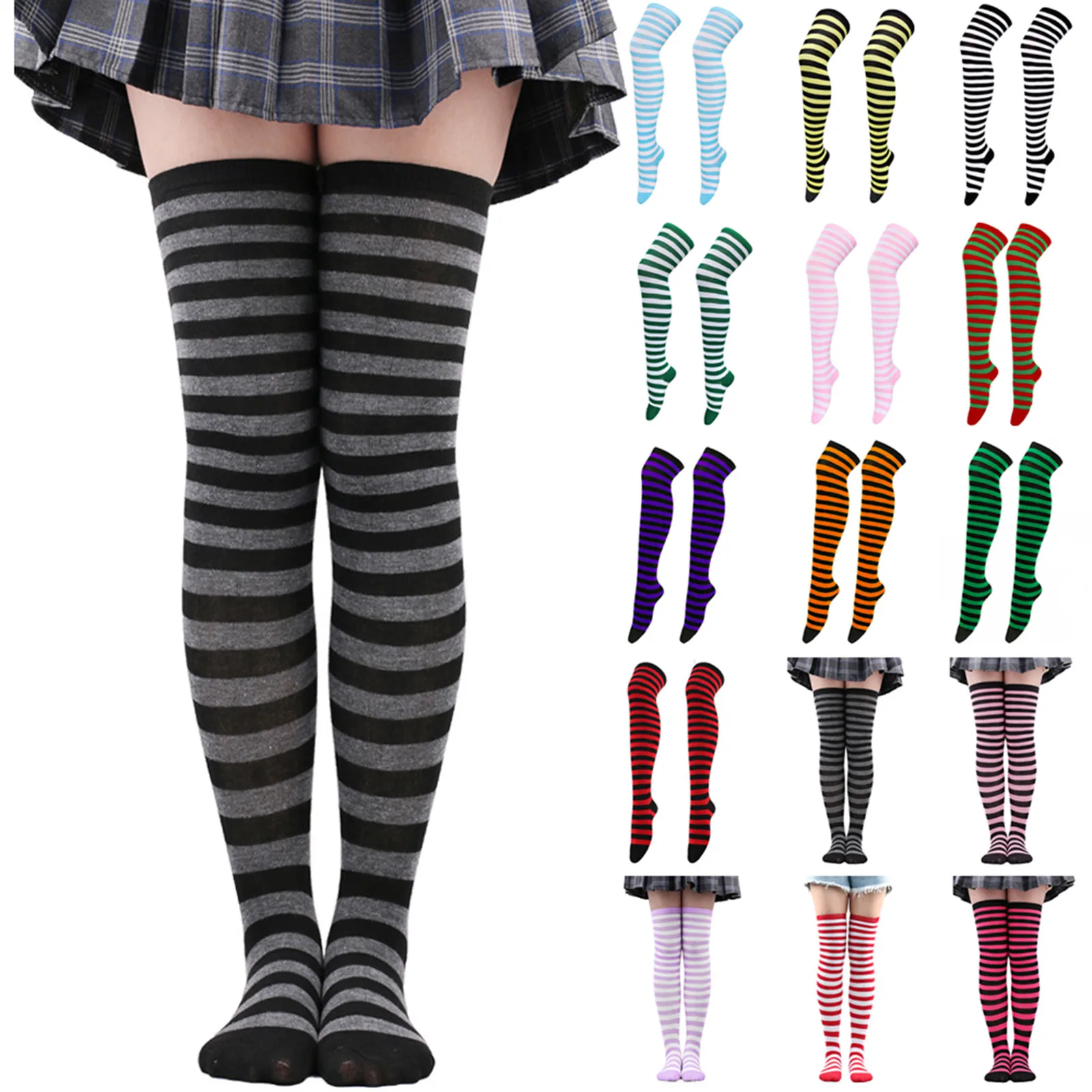 

Women's Striped Knee High Socks Long Stripe Printed Thigh High Striped Cotton Socks Colorful Fun Elastic Comfort Winter Socks