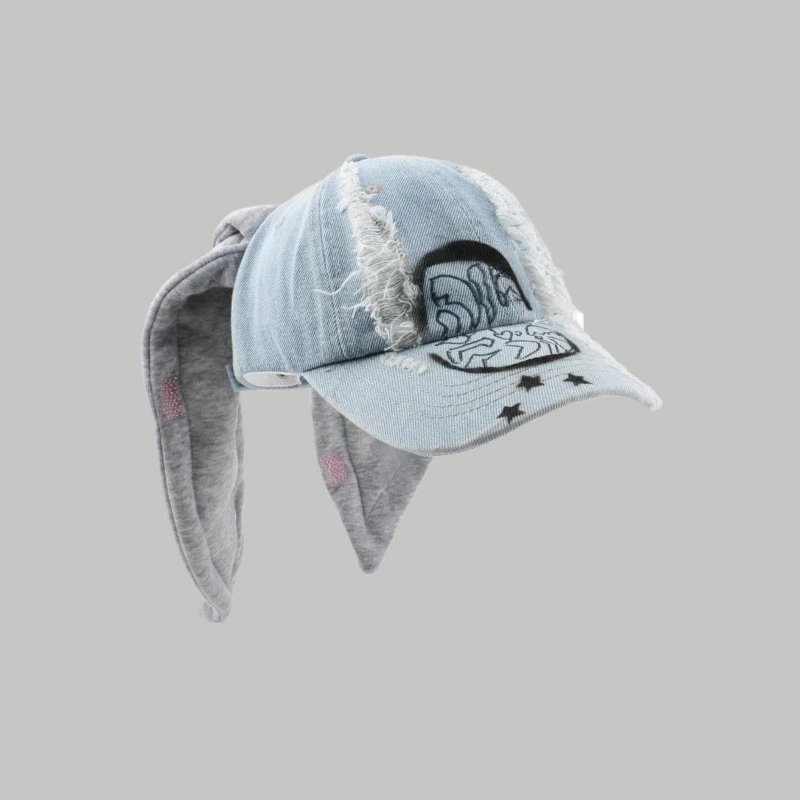 Von Prominenten inspirierte Niche Rabbit Ear Denim Ripped Baseball Cap Washed Graffiti Hip-Hop Sun Hat Trendy Cap – Detail 9