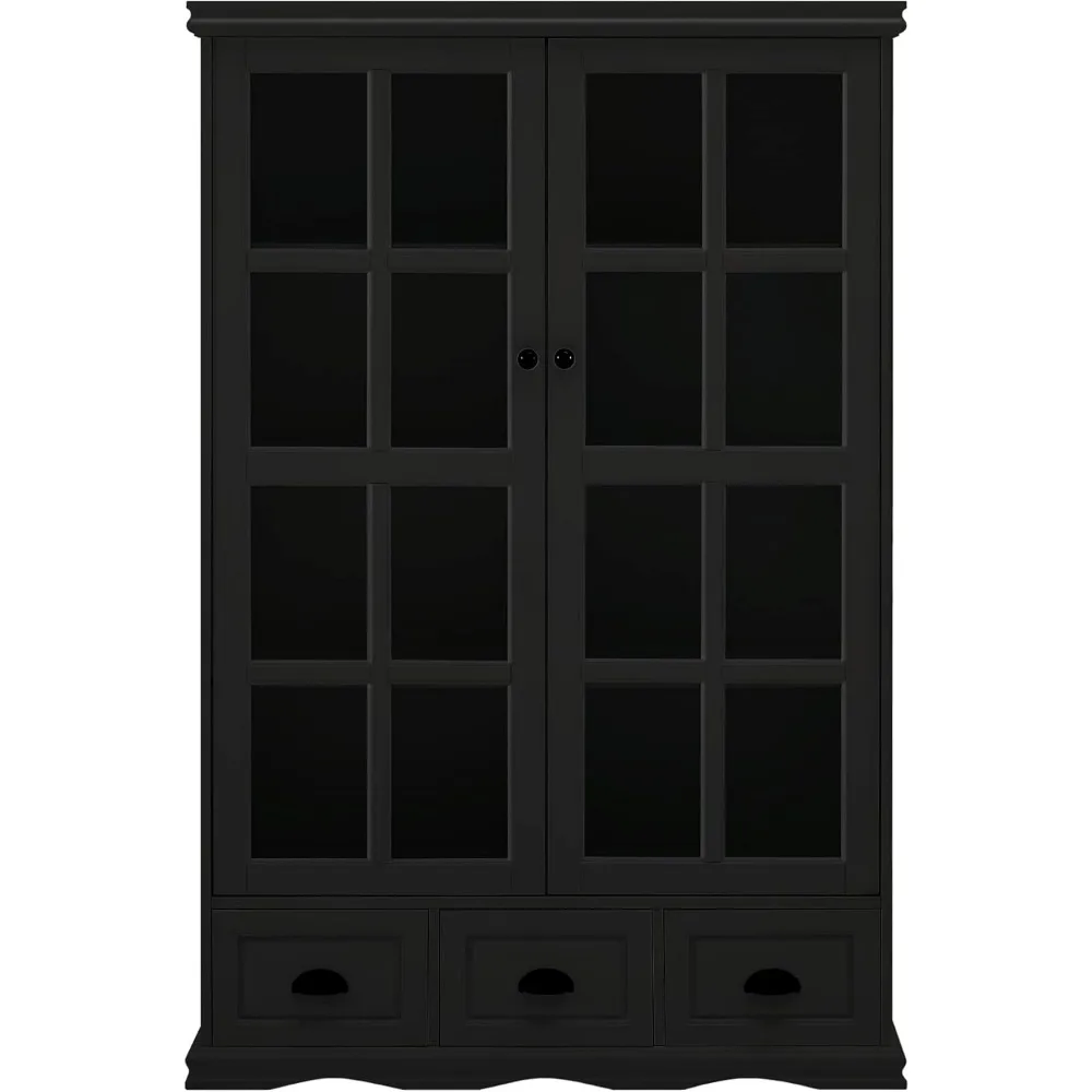 40'' Display Cabinet Tempered Glass Doors, Wood Storage Cabinet Bookcase with Adjustable Shelf and 3 Drawers, for Home