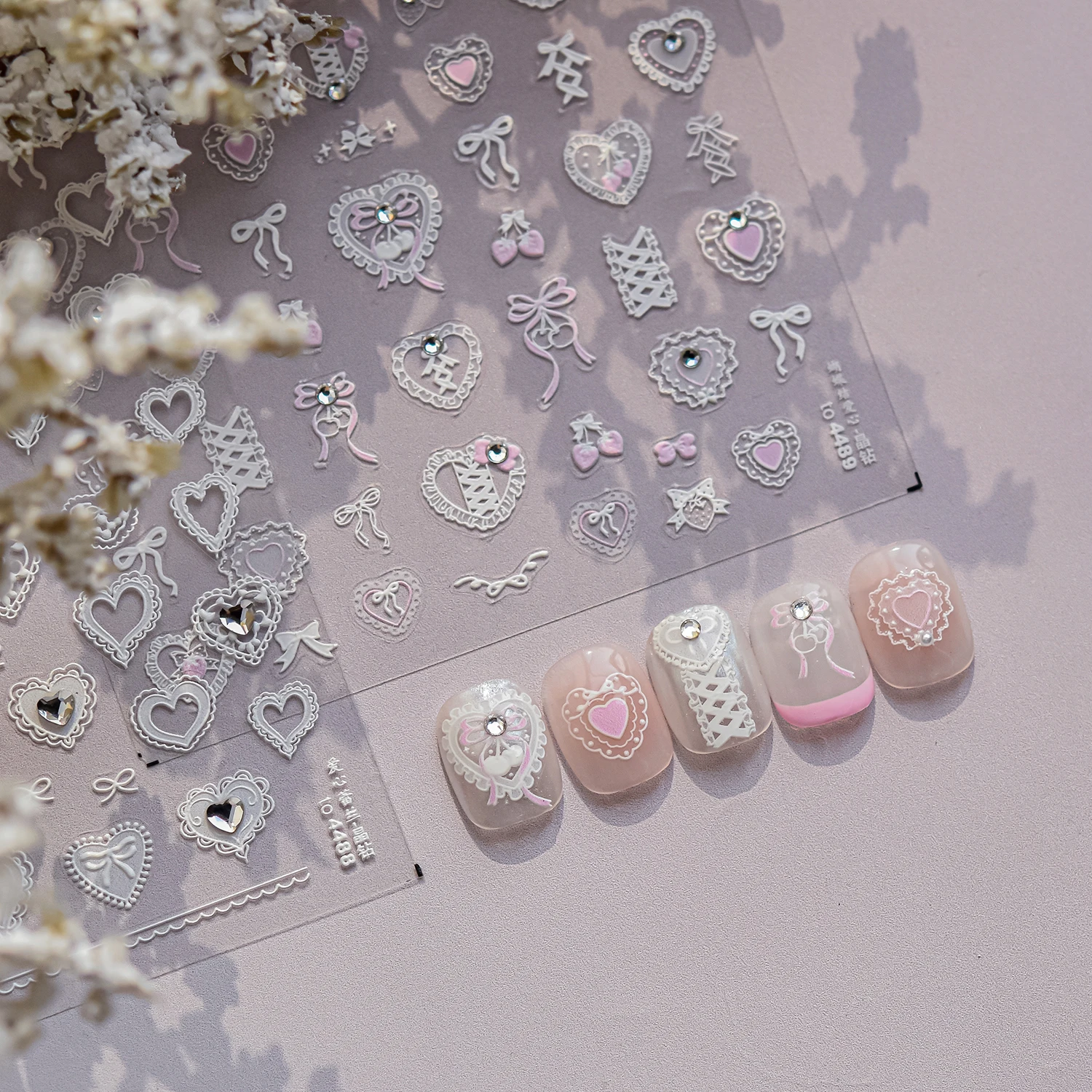 1PCS Pink Lace Flowers Love Manicure Decoration Nail Decals 5D Bow Lines Embossed Stickers Press on Nails