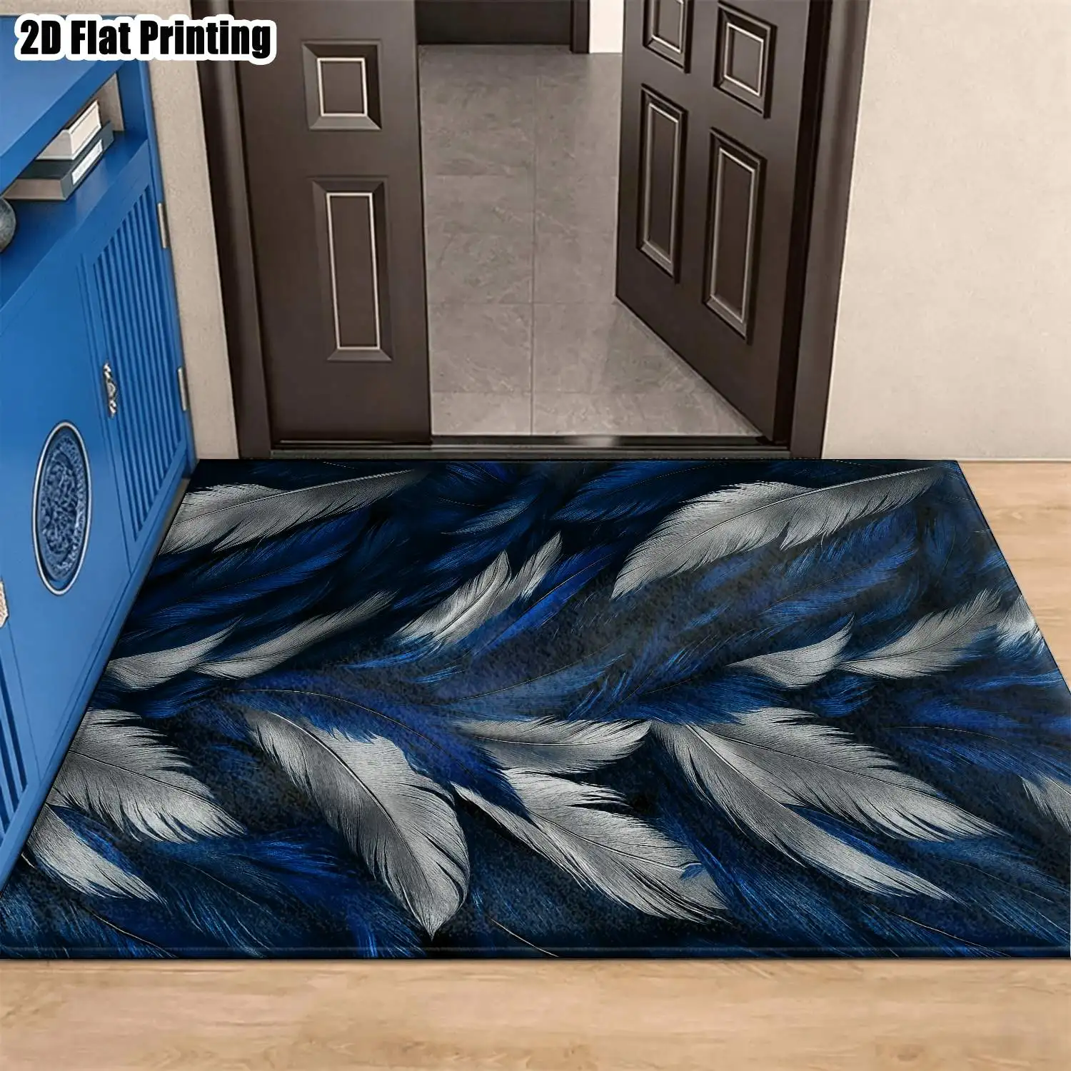 1Pc 2D Printed Blue White Feather Pattern Nordic Modern Minimalist Carpet, Instagram Inspired Floor Mat, Multi-Size Machine Washable Home Decor for Entrance, Dining, Foyer, Bedroom, Study, Living Room