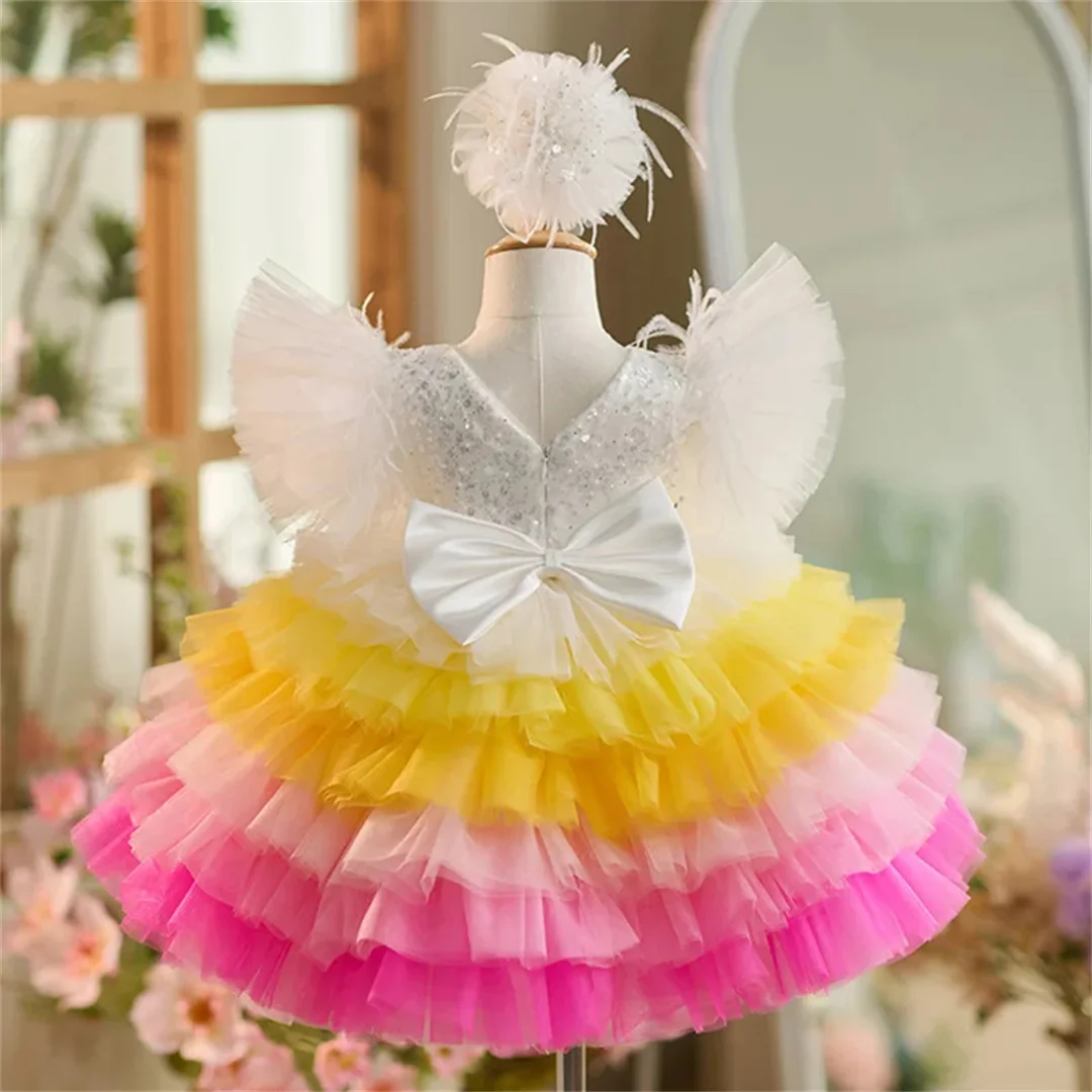 Light luxury gorgeous girl dress cute girl super glitter pinkyard skirt Little flying sleeve baby baby birthday party