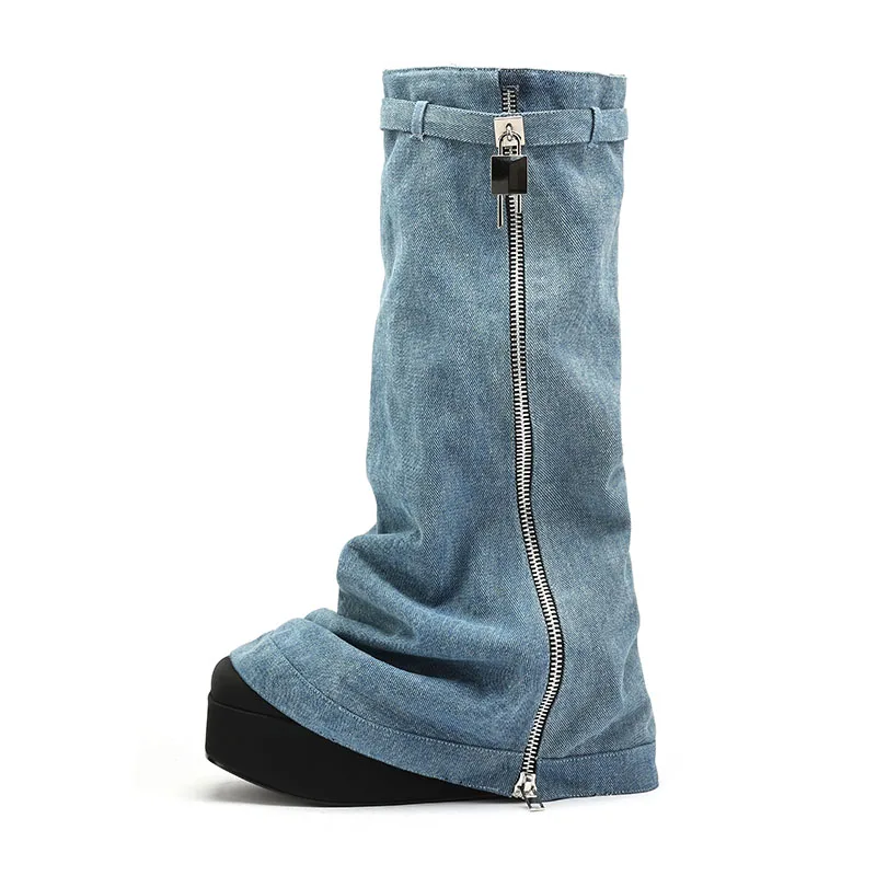 Arden Furtado 2024 Spring Denim Platform Middle boots Round toe Wedges Turned-over Edge Metal buckle Modern boots Large size