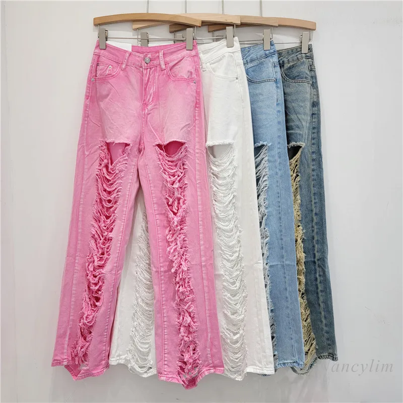 

Pink Ripped Draping Casual Jeans Women Summer New High Waist Loose and Slimming All-Matching Straight Wide Leg Pants Denimwear