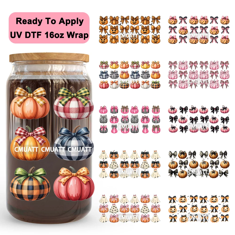 

Girly Bow Scary Pumpkins Western Halloween UV DTF Cup Wrap Ready To Apply Transfer Stickers Custom Prints For Libbey Glass Can