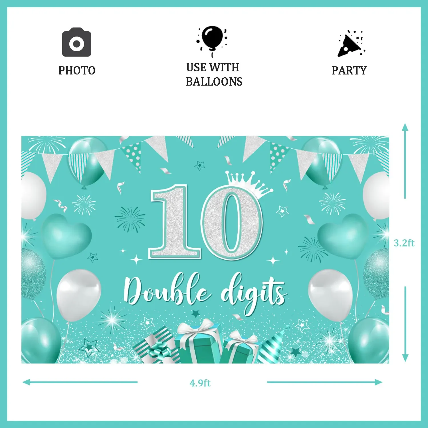 Teal Birthday Party Decoration, 10 Double Digits Photo Background, Turquoise Backdrop, Banner Supplies for Girl, Teal