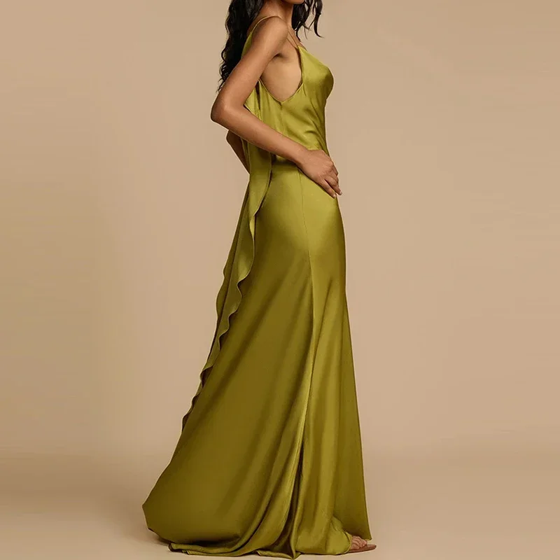 

Lady Sexy Side Split Solid Slim Long Dress Fashion Draped Hight Waist Satin Dress Elegant Off Shoulder Irregular Suspender Dress