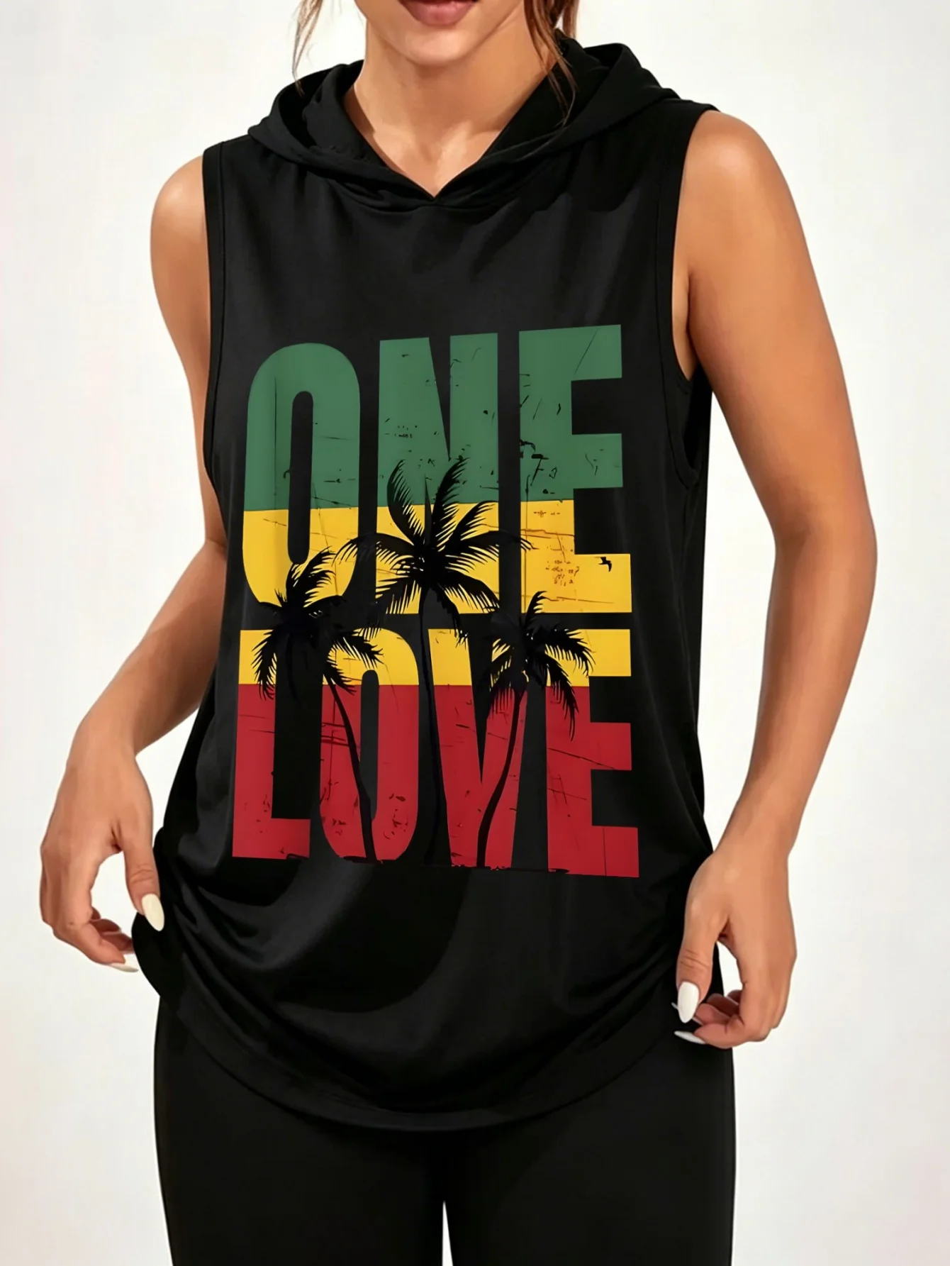 Unisex One Love Rasta Palm Tree Print Sleeveless Hooded Tank Top Tropical Reggae Beach Casual Hood Vest