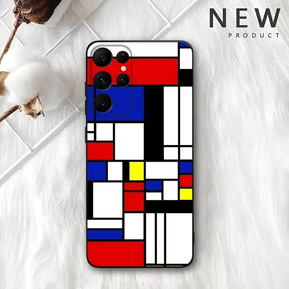 Casing Ponsel Abstrak P-PIET MONDRIANS untuk Samsung S 25,24,23,22,30,21,10,9,Ultra,Plus,Lite,FE,4,5G Casing Lembut Hitam
