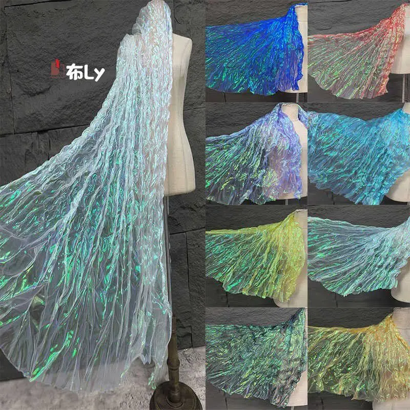 

Mermaid Iridescent Laser Gradient Wave Organza Fabric Pleated Tulle For Fashion Designer DIY Handcraft Decoration Material