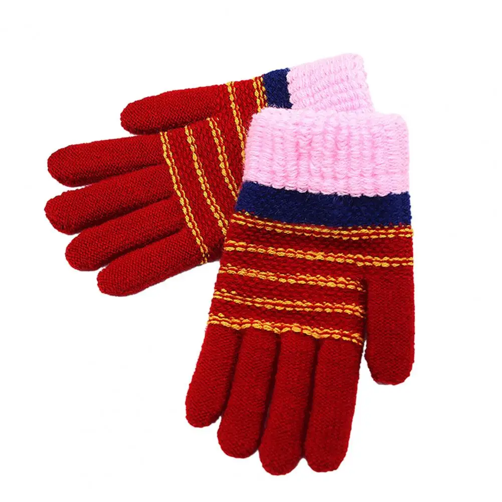 1 Pair Winter Gloves Writing Gloves Knitted Soft Thick Plush Elastic Striped Color Matching Five Fingers Anti-slip Kids Gloves