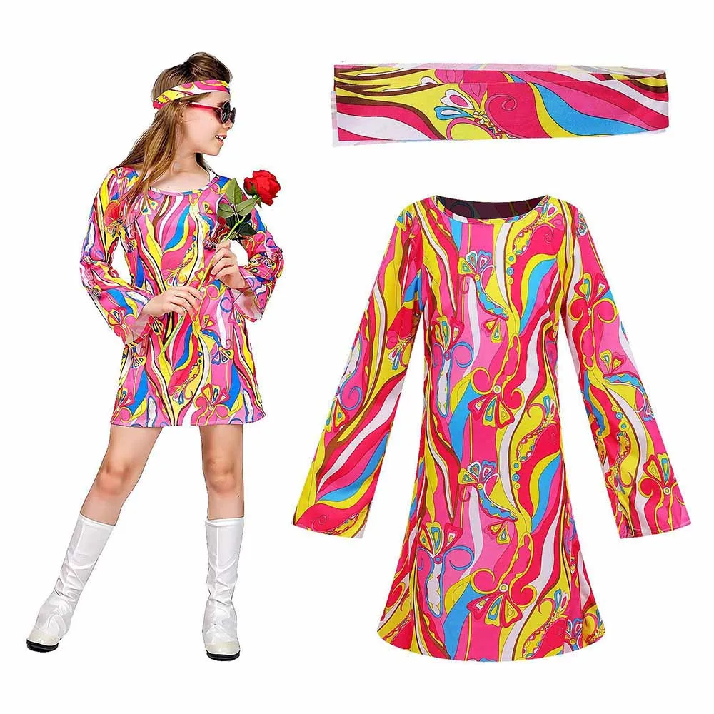 Conjunto de Vestido y Diadema Retro Hippie de los 70, Estampado Floral Groovy, Manga Campana, Mini Disfraz para Halloween, Cosplay, Fiesta Disco, Feria, Espectáculo