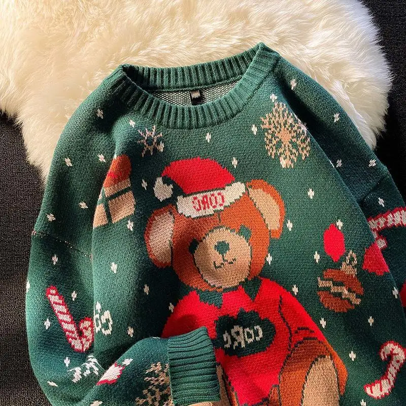 Harajuku Christmas Red Green Vintage Bear Kawaii Woman Sweaters Loose Winter Tops Big Size Couples Streetwear Aesthetic Sweater