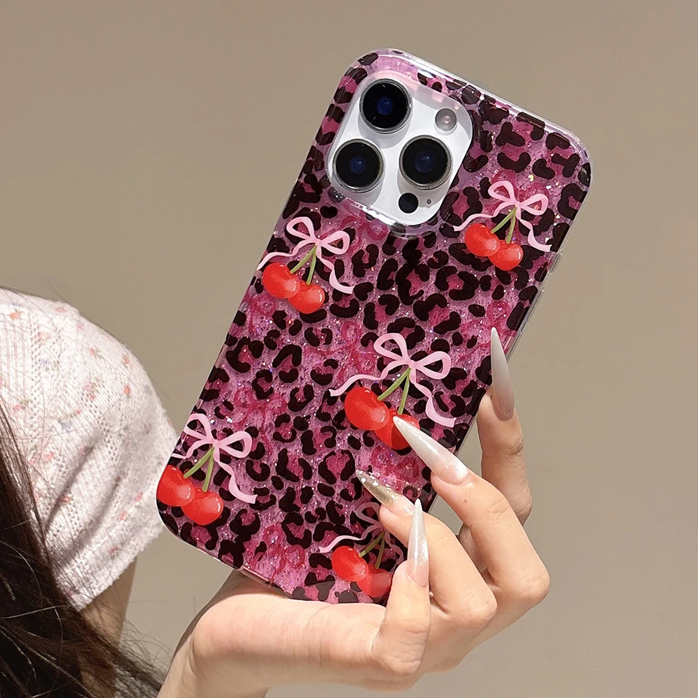 Casing Ponsel Motif Macan Tutul Mawar Merah dengan Glitter Ceri untuk IPhone 13 15 14 16 Pro Max, Pelindung Anti Benturan Modis Berkilau untuk Iphone 17 Pro