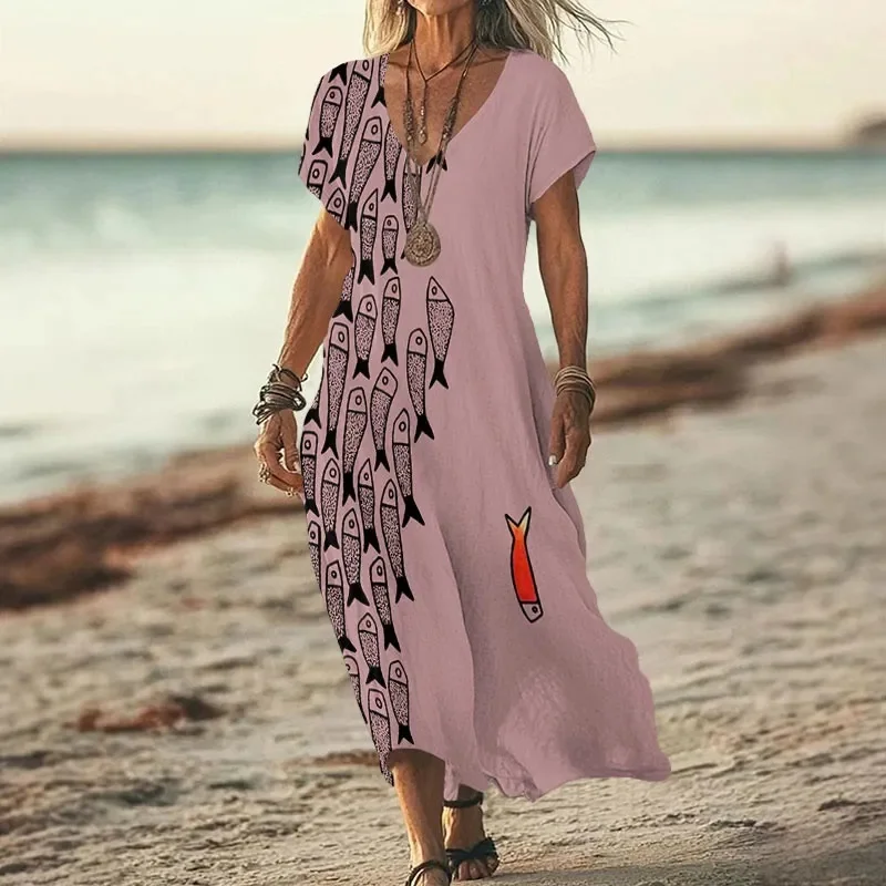 Cute Simple Lines Abstract Geometric Fish Art Print V-neck Dress 3D Printed Casual V-neck Dress Female Dresses view 4