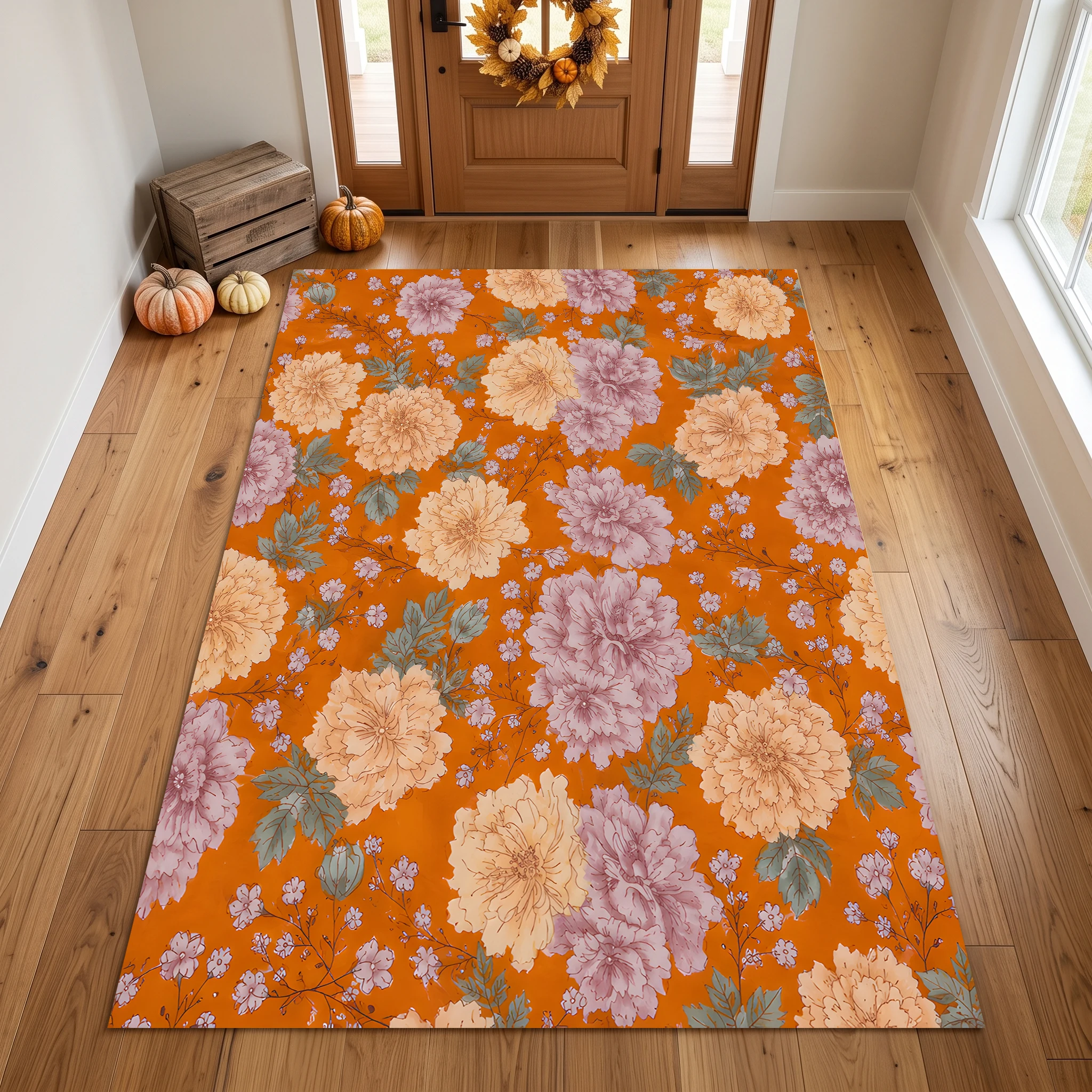 Velvet Rug Warm Orange Cream Purple Floral Cluster Retro Pastoral for Bedroom Living Room Home Decor
