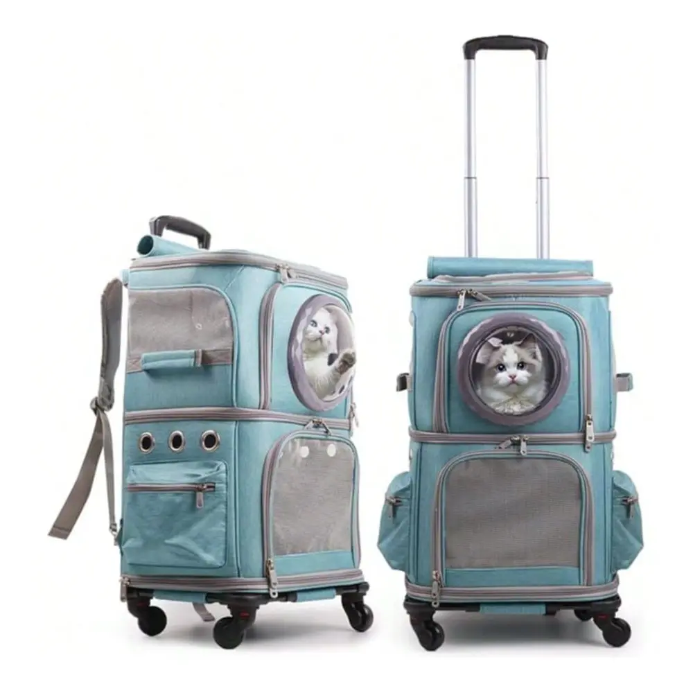 

Pet Carrier Backpack For Two Cats Or One Dog With Puller Roller, Green Double Compartments Carry Bag For Large Fat Cat And Pupp