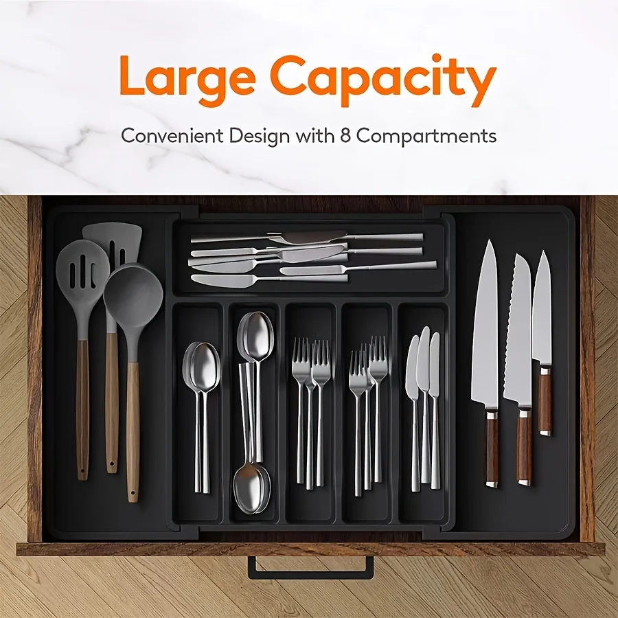 Expandable Cutlery Tray, With 8 Compartments, Adjustable Plastic Kitchen Utensil Organizer, Fork Spoon   Drawer Divider, Flatwar
