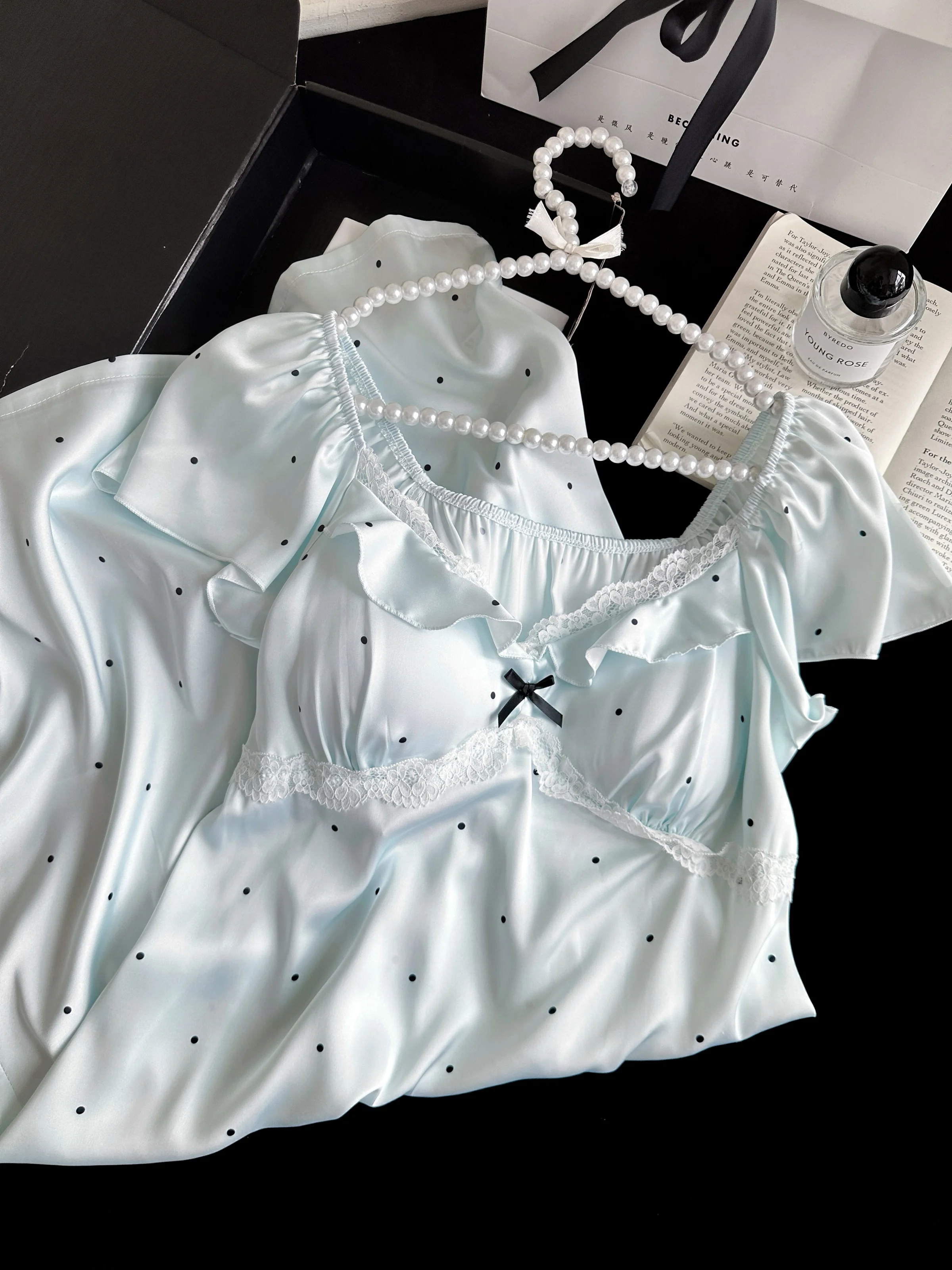 2025 summer new Japanese original ice silk polka dot printing dress pajamas sweet girl ins loungewear pajamas
