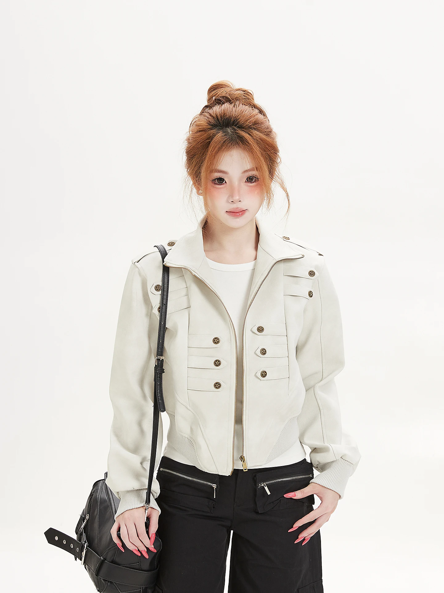 Slim Fit Short American Retro Motorcycle Jacket Women's Autumn Cool Stylish Stand Collar Multiple Pockets Outerwear Coat