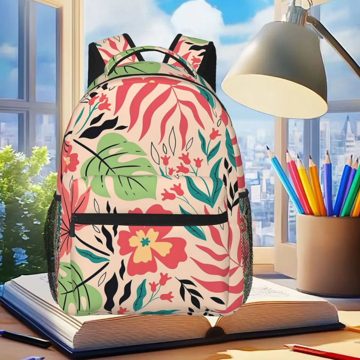 

Tropical Green Leaves And Flowers Backpack Student Boys Girls BookBag Kids School Bag Computer Shoulder Bags for Men Women