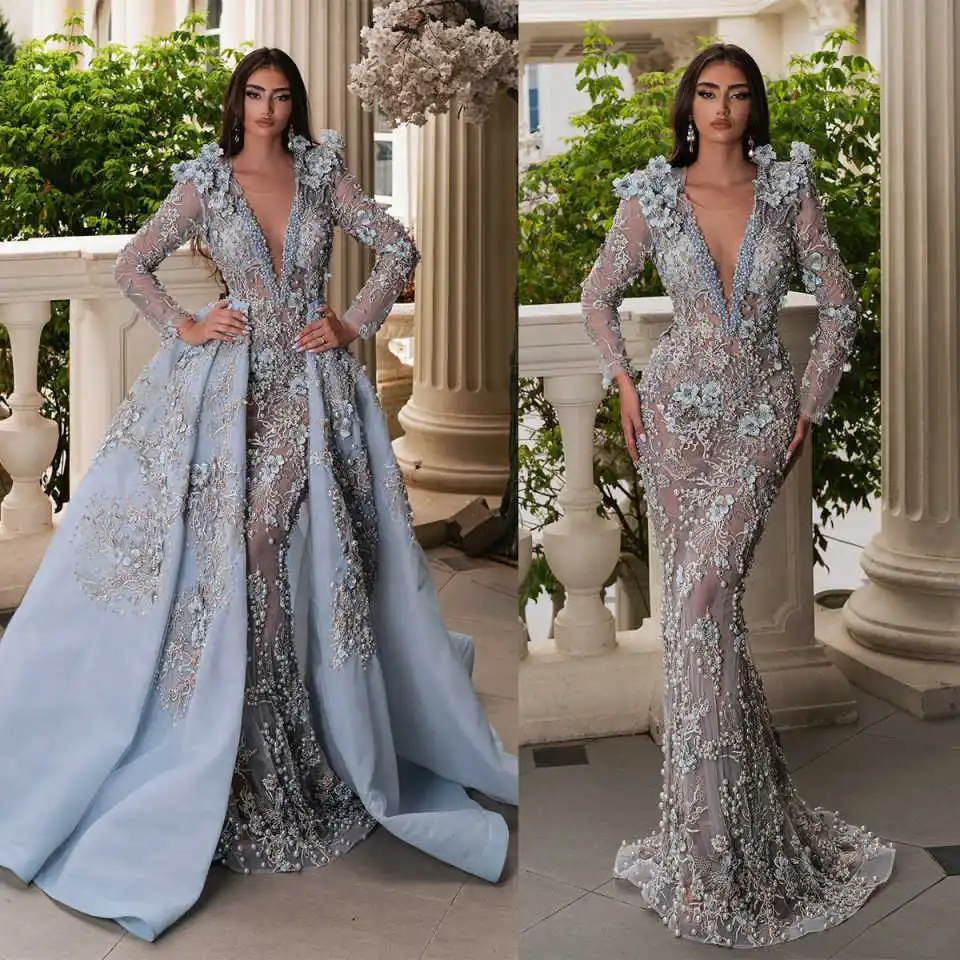 

Роскошные платья для выпускного вечера с длинными рукавами и 3D цветами со съемным шлейфом, платья русалки, жемчуг, кружевные аппликации, вечерние платья по индивидуальному заказу