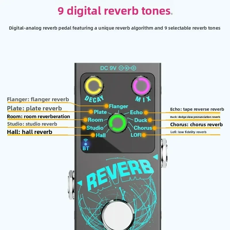

Digital Reverb Guitar Pedal - 9 Unique Reverb Effects | Wireless Accompaniment, Decay/Mix Knobs & Luminous Indicators