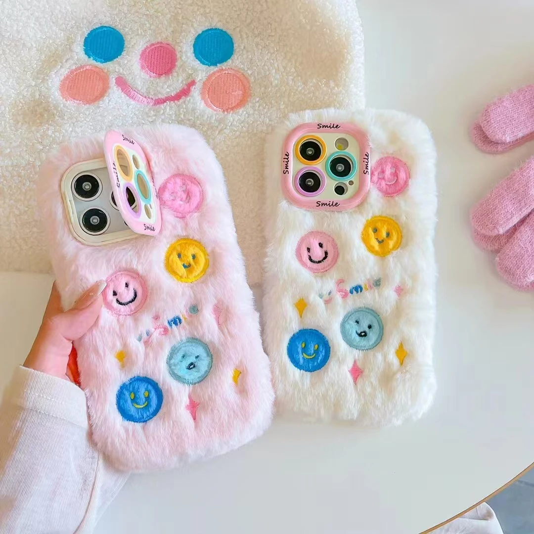 Luxury Creative Plush Smile Embroidered Soft Fur Puff Holder Phone Case Cover For iPhone 11 12 13 14 15 16 Pro Plus Max