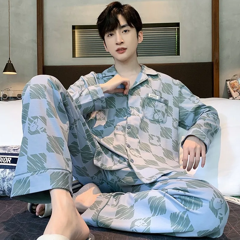 2 Pieces Cotton Pajamas Set for Men Autumn Long Sleeves Sleeping Top Trouser Nightwear Autumn Spring Loungewear Yong Boy Pyjamas