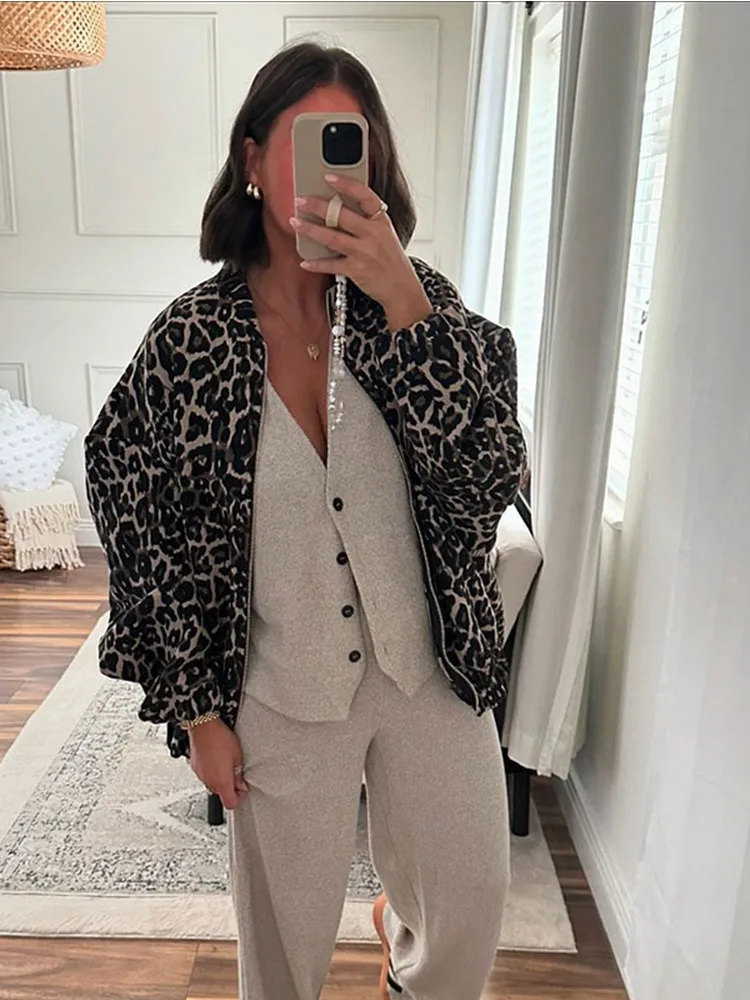 Chic Leopard Print Zipper Short Coat For Woman Fashion Loose Round Neck Long Sleeve Jacket Autumn Winter Warm Street Outerwear