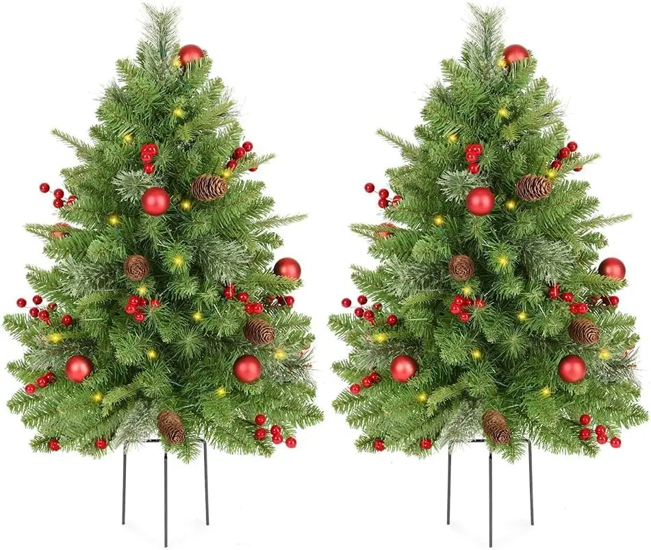 2 Set 30 Inch Outdoor Christmas Tree, Pre-Lit LED Christmas Porch Decorations Outdoor Tree, 260 Branch Tips Lush, Pine Cones