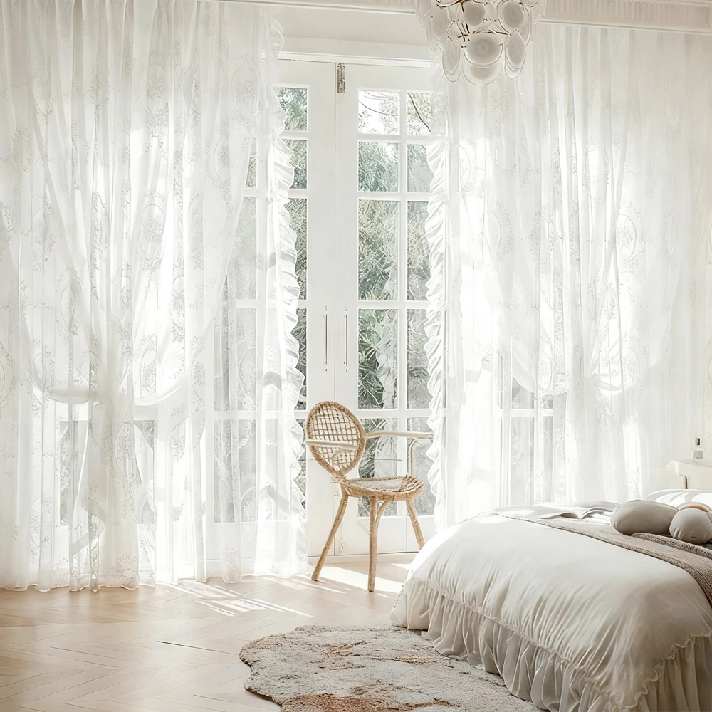 

French Vintage Ruffled Lace Embroidered Curtain Sheer, Bedroom Balcony Living Room Drapes, Light-Filtering Privacy Protection
