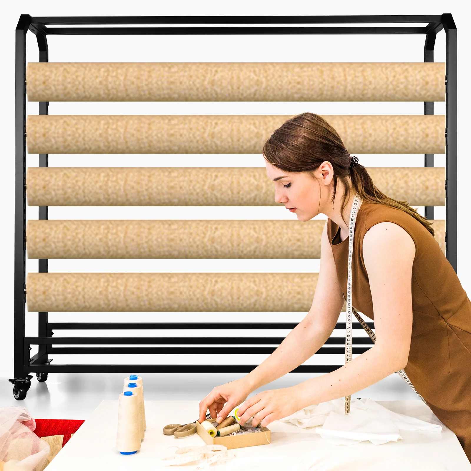 

Double-side 10 Line Fabric Roll Storage Rack with Wheels Large Textile Fabric Display Rack Craft Roll Organizer for Vinyl Roll