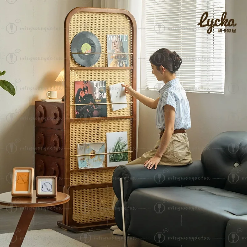 Solid Wood Rattan Partition Screen Movable Room Divider for Home Entrance & Living Room