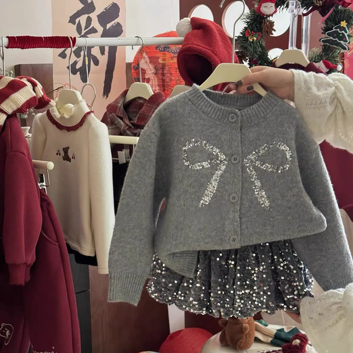 أطفال بنات لطيف سترة + تنورة لامعة مجموعة أزياء حساسة الأميرة الكورية طويلة الأكمام الانحناء الحياكة سترة معطف عالية الخصر A-l