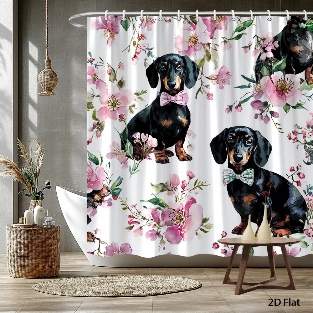 2D Flat, 1pc 2D Flat Cute Dachshund Floral Shower Curtain Polyester Fabric Bathroom Decor Bathtub Divider Curtain with 12 Hooks